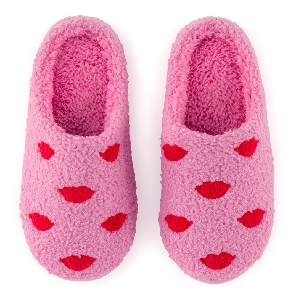 Just Give Me a Kiss Pink Slippers with Red Lips Design